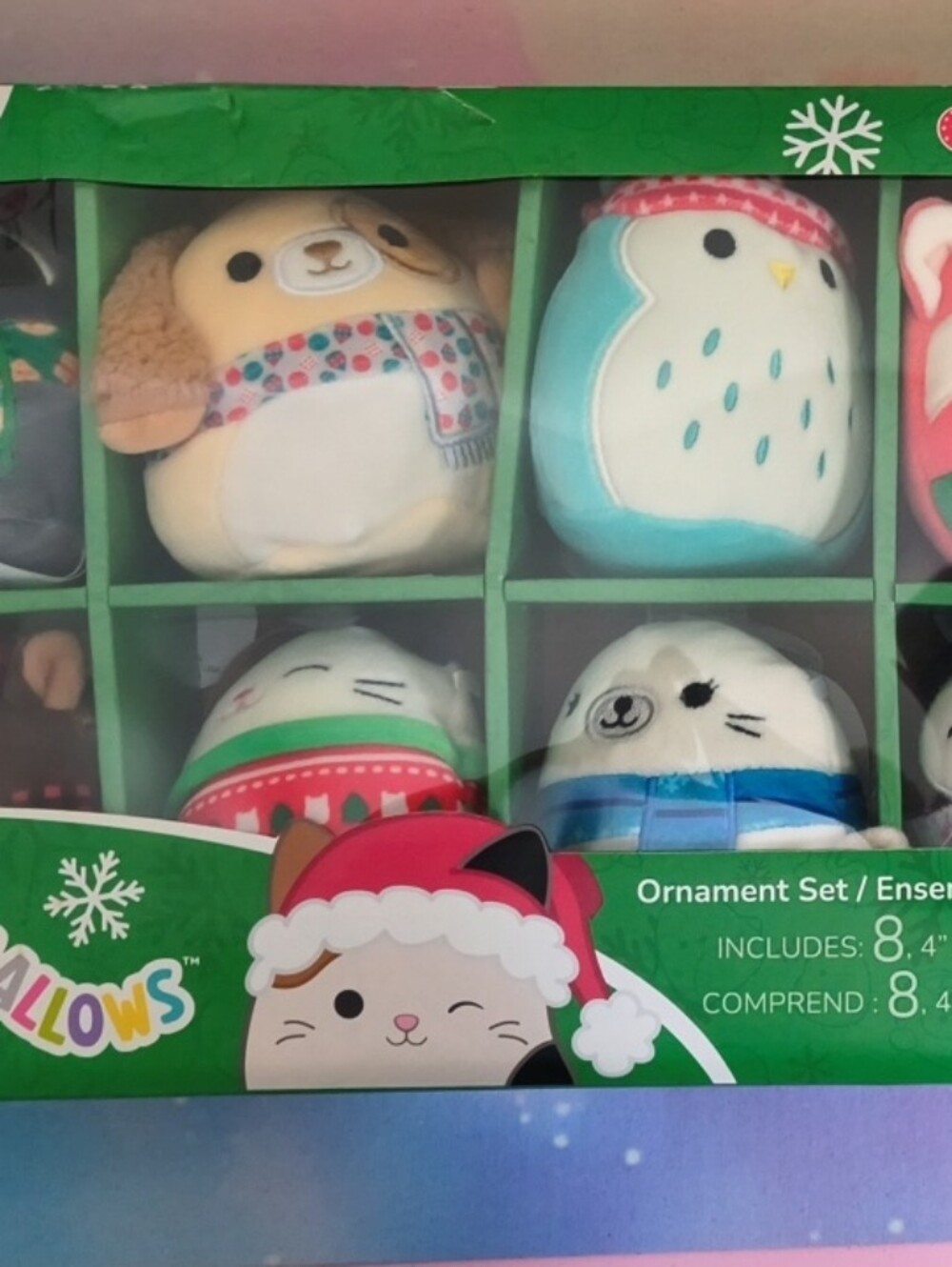 Squishmallows Holiday Ornament Plush Set - White, Blue, Cream, Green, Red